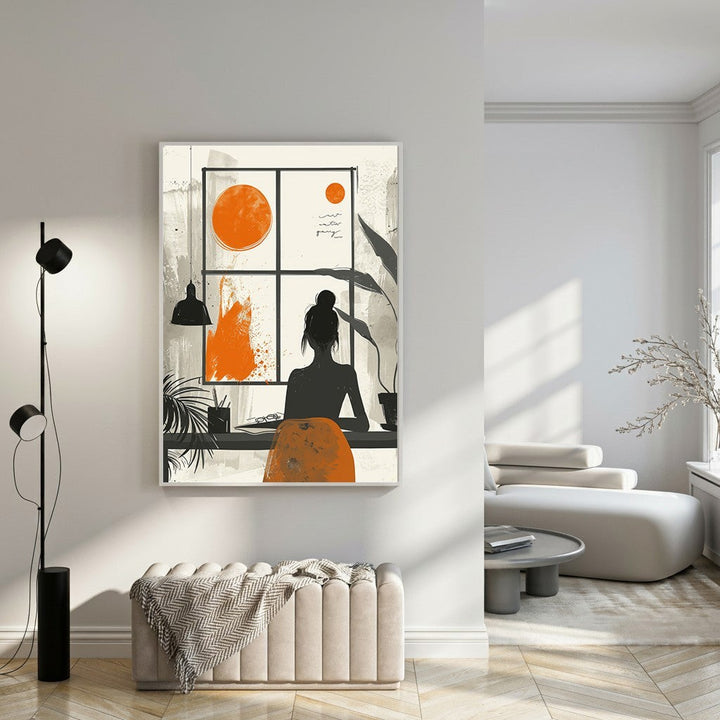 Wadi Home abstract artwork of a woman at a desk with abstract suns and orange accents. Minimalist silhouette.