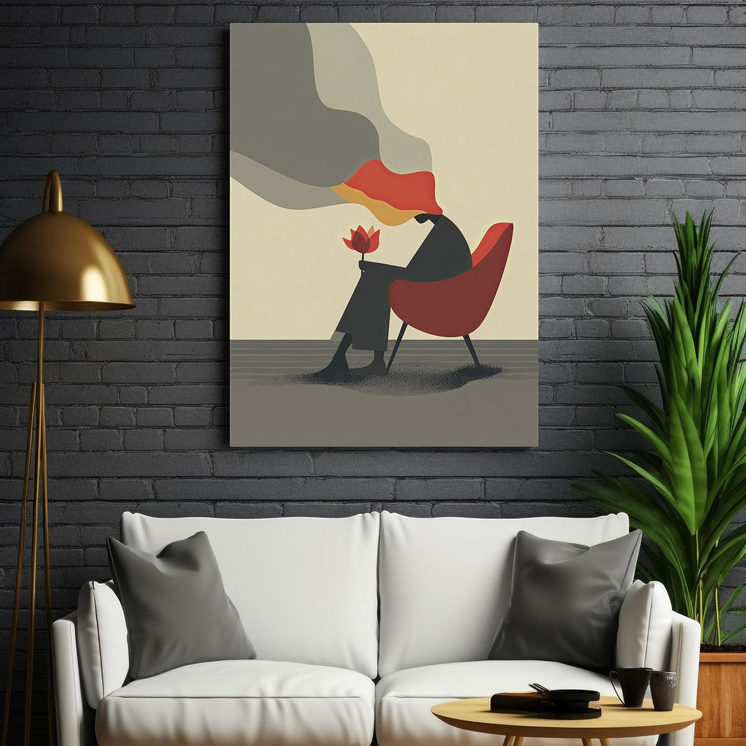 Wadi Home abstract wall art of a woman in a red chair holding a flower, with muted colors and minimalist design.