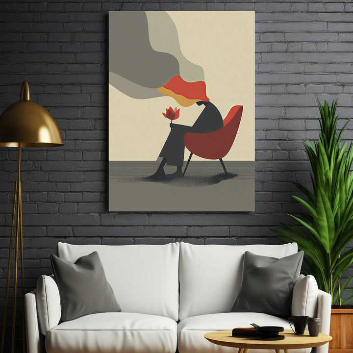 Wadi Home abstract wall art of a woman in a red chair holding a flower, with muted colors and minimalist design.