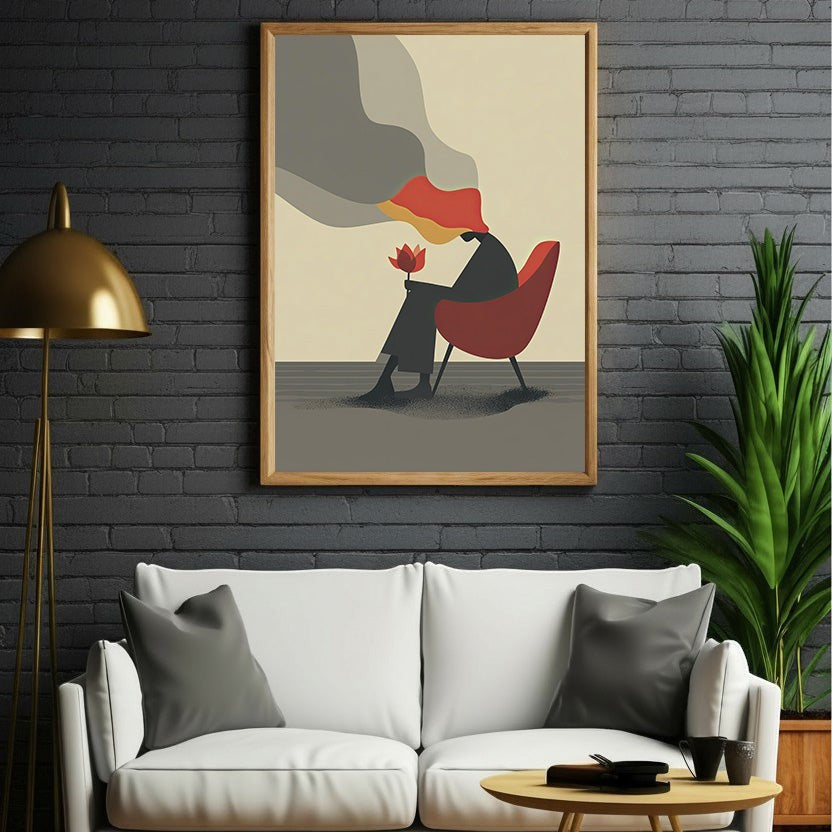 Wadi Home abstract wall art of a woman in a red chair holding a flower, with muted colors and minimalist design.