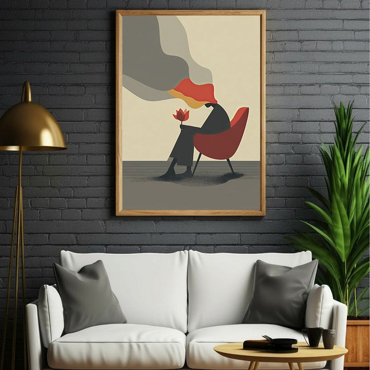 Wadi Home abstract wall art of a woman in a red chair holding a flower, with muted colors and minimalist design.