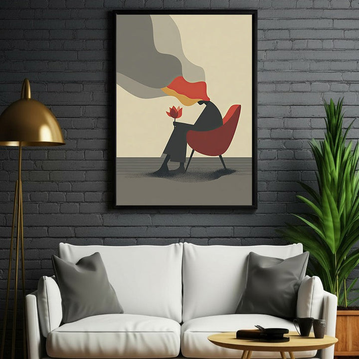Wadi Home abstract wall art of a woman in a red chair holding a flower, with muted colors and minimalist design.