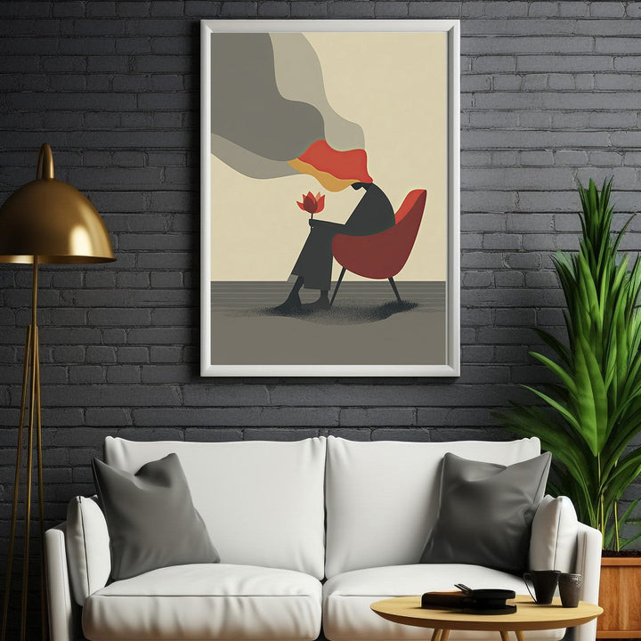 Wadi Home abstract wall art of a woman in a red chair holding a flower, with muted colors and minimalist design.