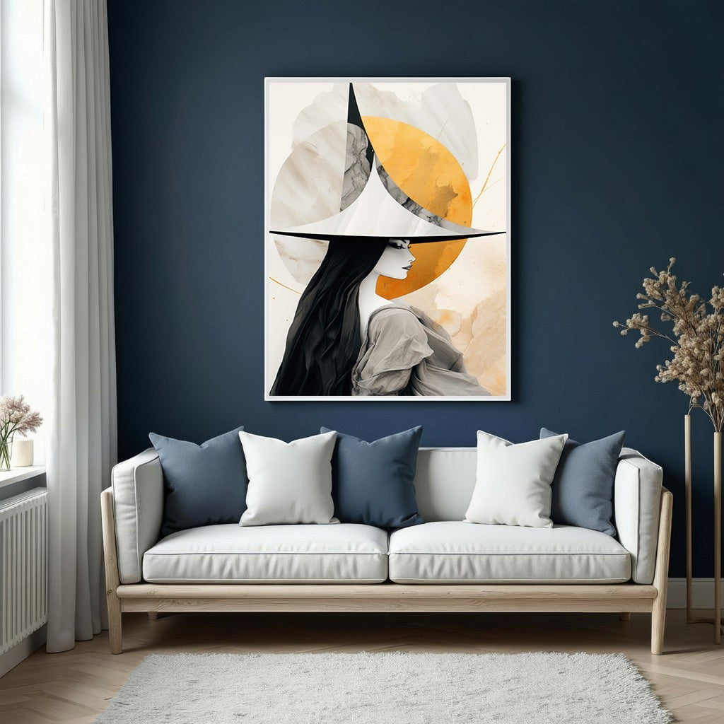 Wadi Home abstract wall art of a woman with long black hair wearing a wide-brimmed hat, in monochrome and gold tones.