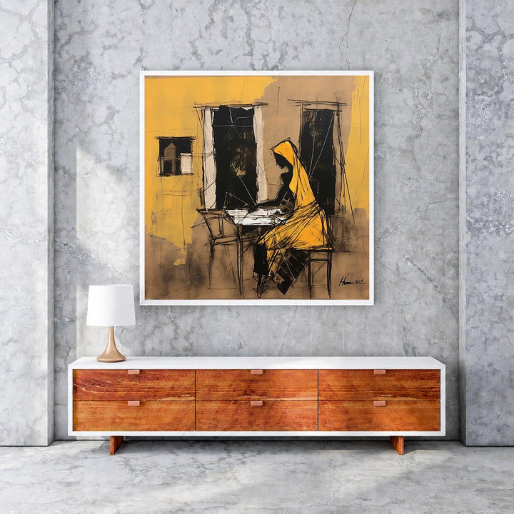 Wadi Home abstract artwork of a woman in a yellow robe reading a book, rendered in ochre, black, and earthy tones.