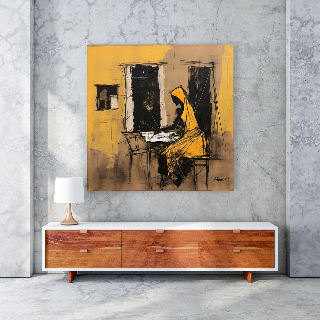 Wadi Home abstract artwork of a woman in a yellow robe reading at a table, rendered in ochre, black, and earthy tones.