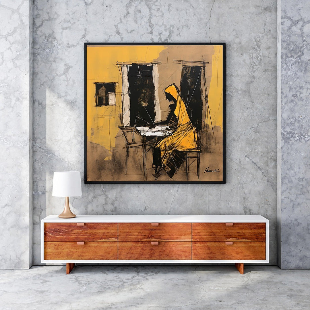 Wadi Home abstract artwork of a woman in yellow reading a book, rendered in ochre, black, and earthy tones.