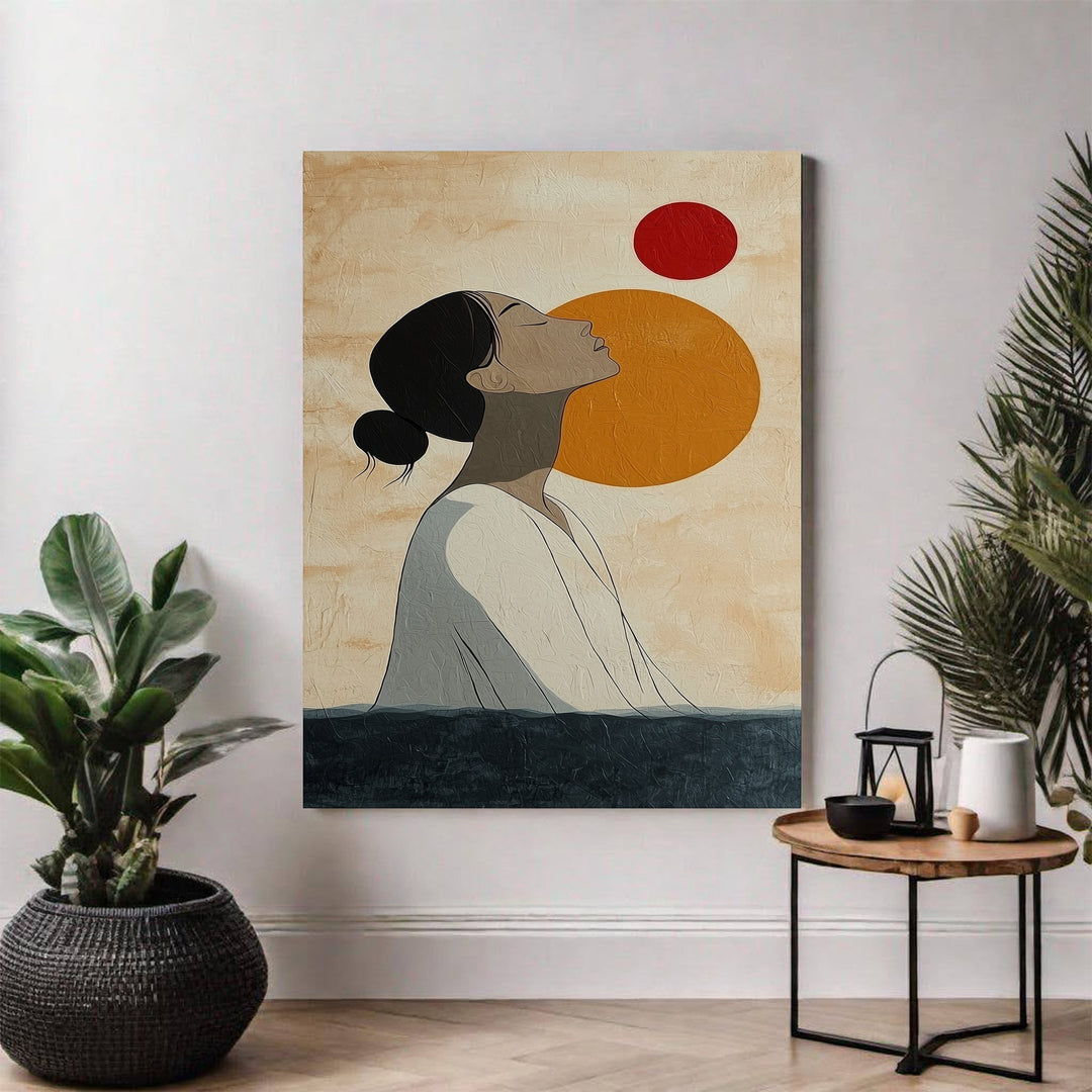 Wadi Home abstract wall art of a woman in profile with sun and moon motifs in earthy tones.