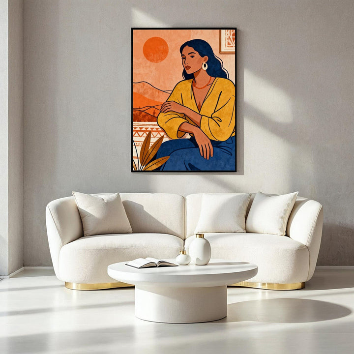 Wadi Home abstract wall art of a woman in a yellow top and blue pants against an orange sunset landscape.
