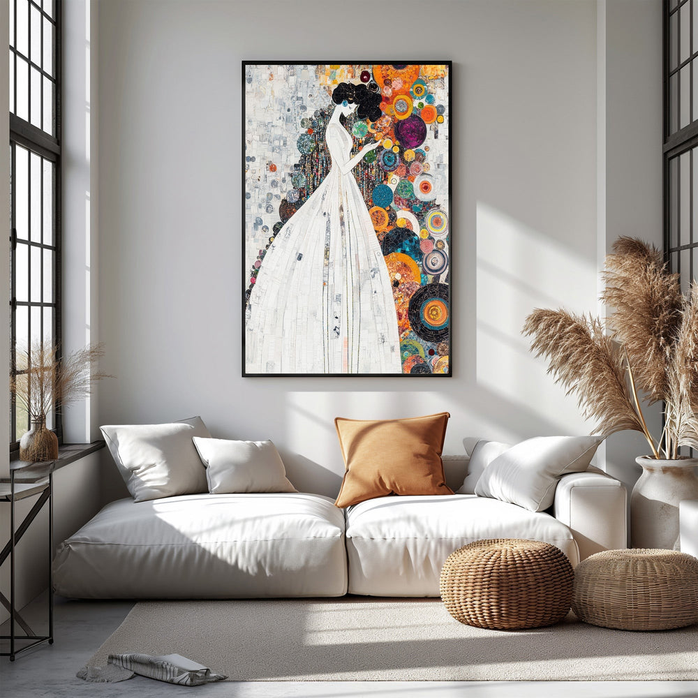 Wadi Home abstract wall art of a woman in a white dress with a colorful, circular background.