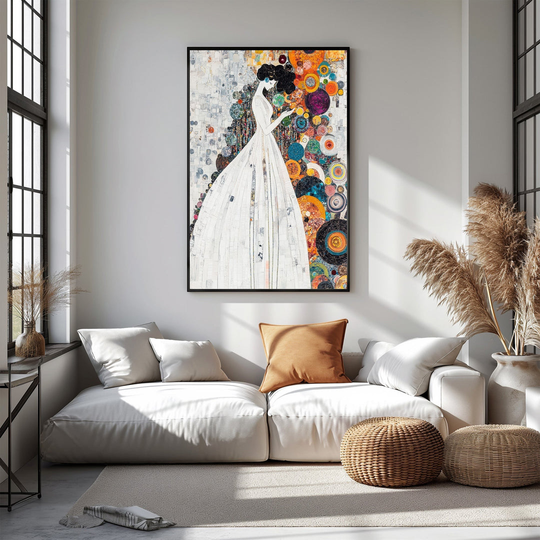 Wadi Home abstract wall art of a woman in a white dress with a colorful, circular background.