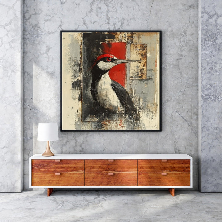 Wadi Home abstract woodpecker wall art with red, black, white, and grey textured details.