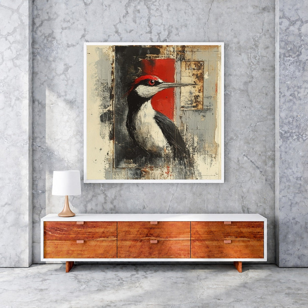 Wadi Home abstract woodpecker wall art print with red accents, black, white, and grey tones.