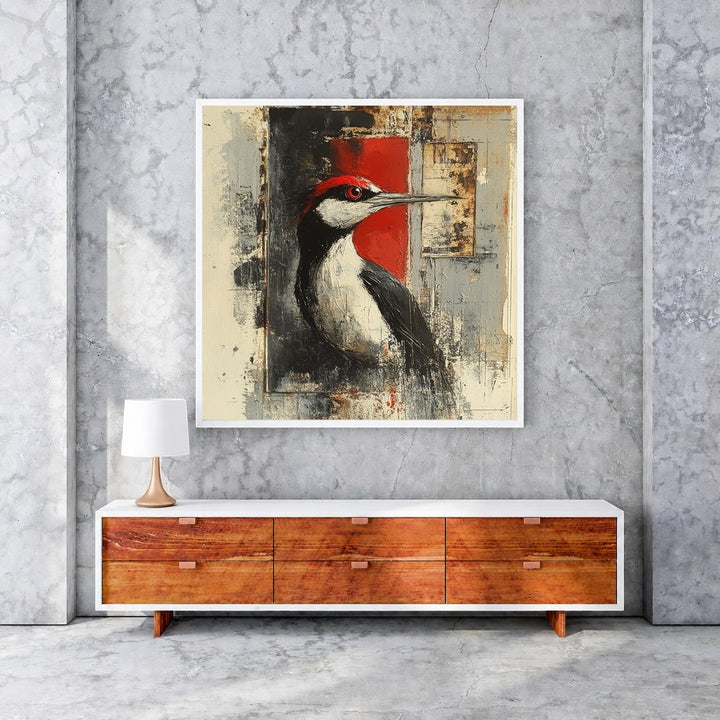 Wadi Home abstract woodpecker wall art print with red accents, black, white, and grey tones.
