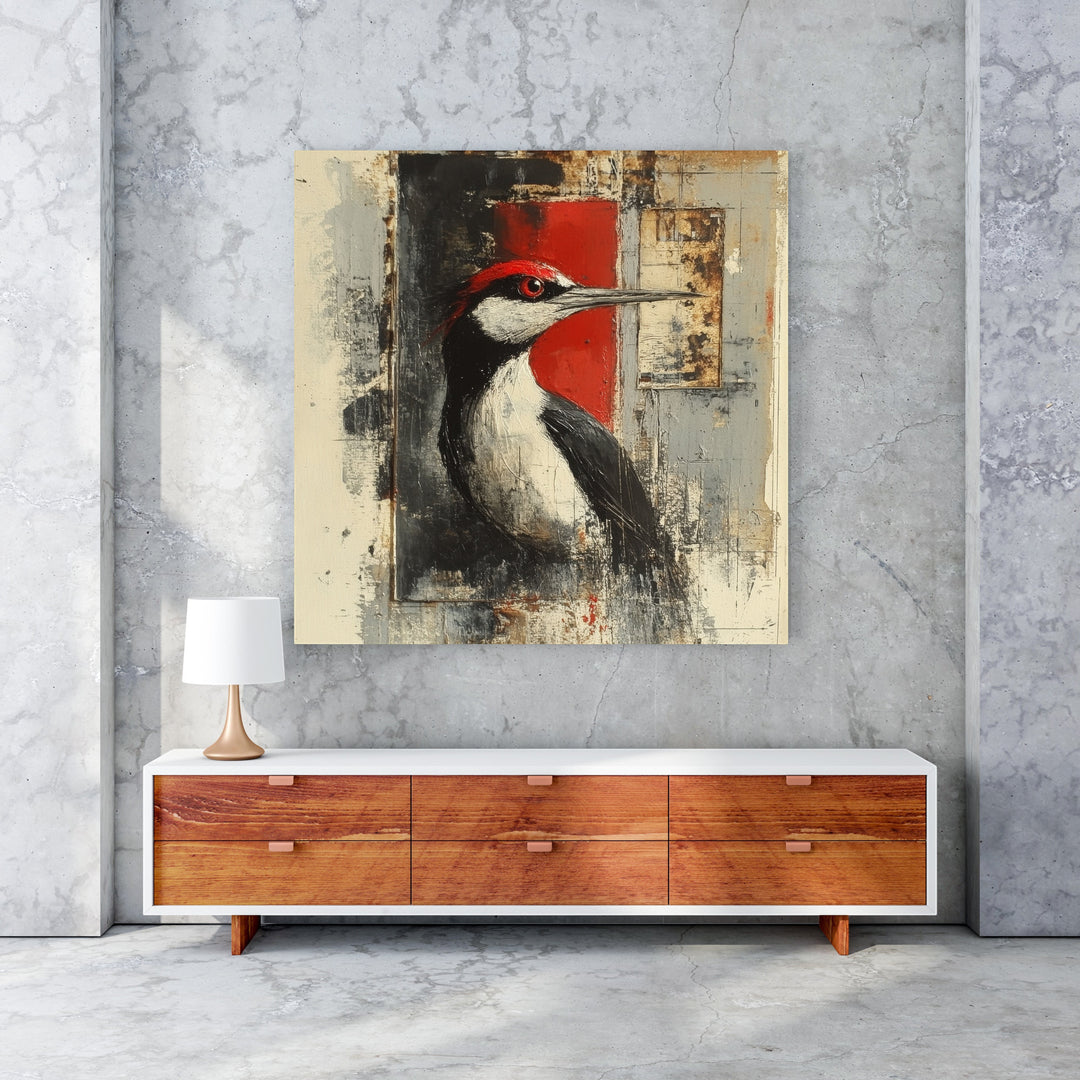 Wadi Home abstract woodpecker wall art with red accents and textured finish.