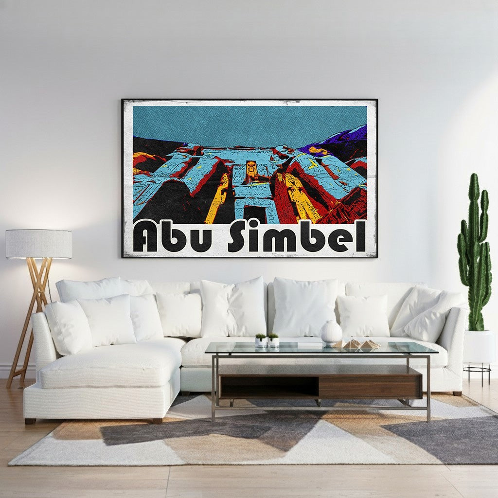 Wadi Home Abu Simbel Monumental Artwork, vibrant graphic art with bold colors depicting ancient Egyptian temples.