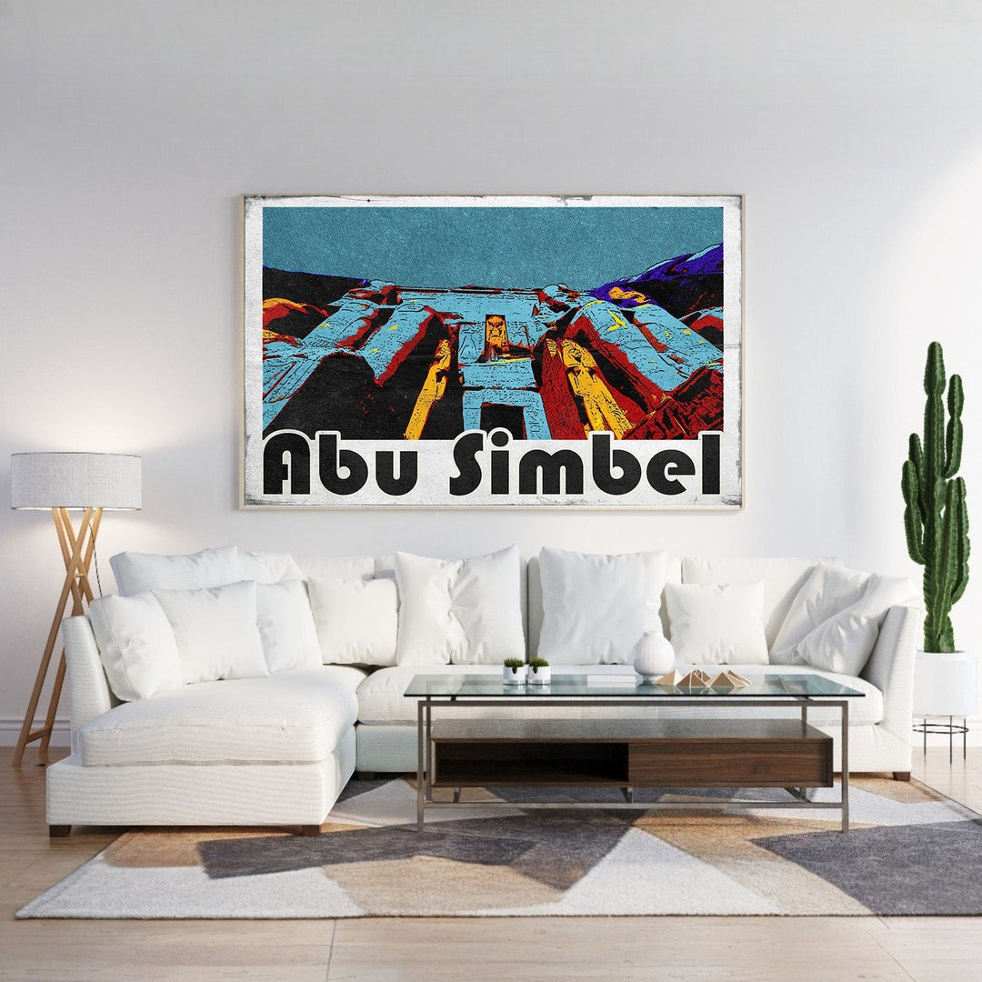 Wadi Home Abu Simbel Monumental Artwork, vibrant graphic art of ancient Egyptian temples in blue, red, and yellow.
