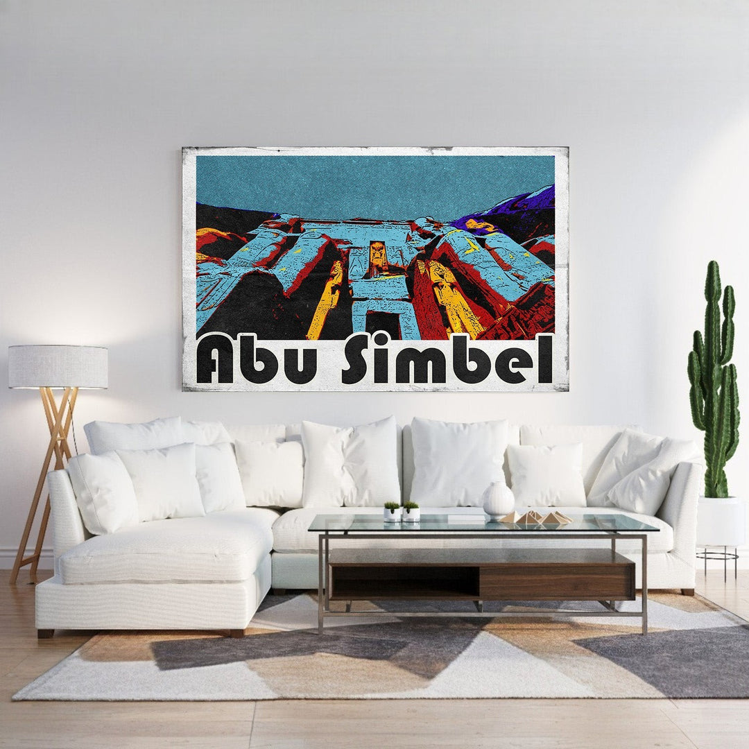 Wadi Home Abu Simbel Monumental Artwork, a graphic art print featuring the ancient Egyptian temples in bold colors and a stylized design.
