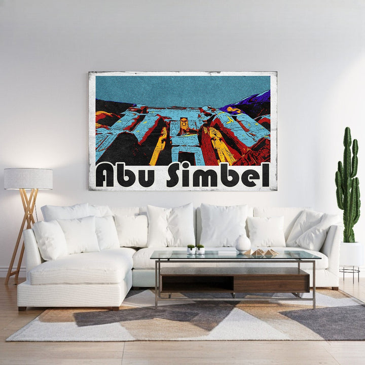 Wadi Home Abu Simbel Monumental Artwork, a graphic art print featuring the ancient Egyptian temples in bold colors and a stylized design.
