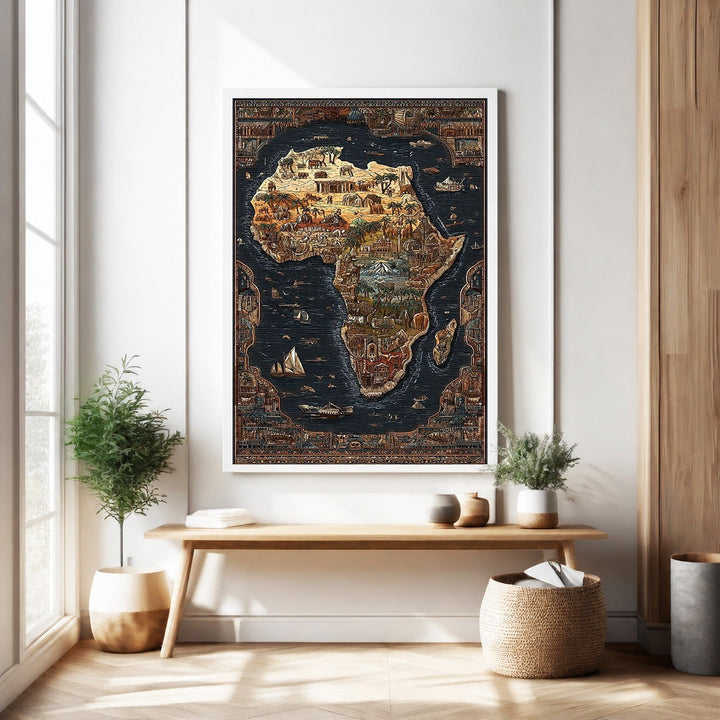 Wadi Home Vintage African Continent Map Tapestry with detailed landscapes, wildlife, and ornate borders in earthy tones.