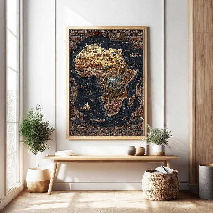 Wadi Home Vintage African Continent Map Tapestry with detailed wildlife, landscapes, and ornate borders in earthy tones.
