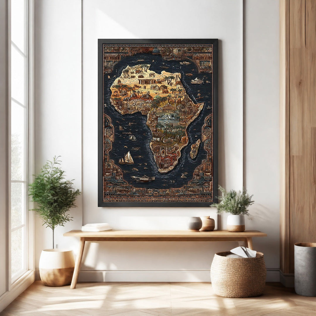 Wadi Home Vintage African Continent Map Tapestry with detailed wildlife and ornate borders in earthy tones.
