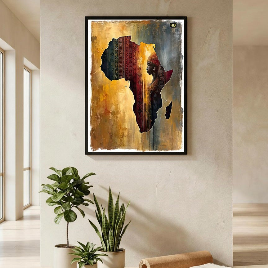 Wadi Home African continent silhouette wall art with portrait of a woman in traditional attire, textured earth tones.