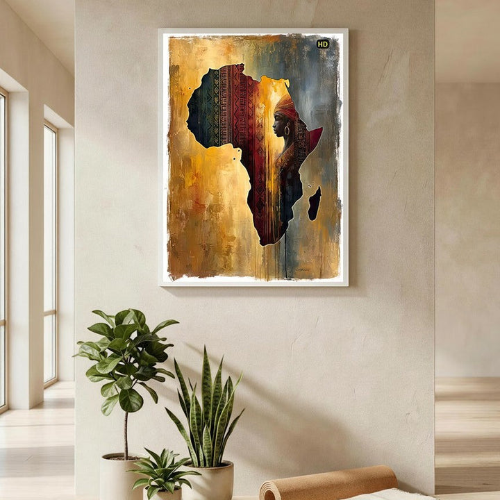 Wadi Home African continent silhouette wall art with textured earth tones and a portrait of an African woman with traditional jewelry.