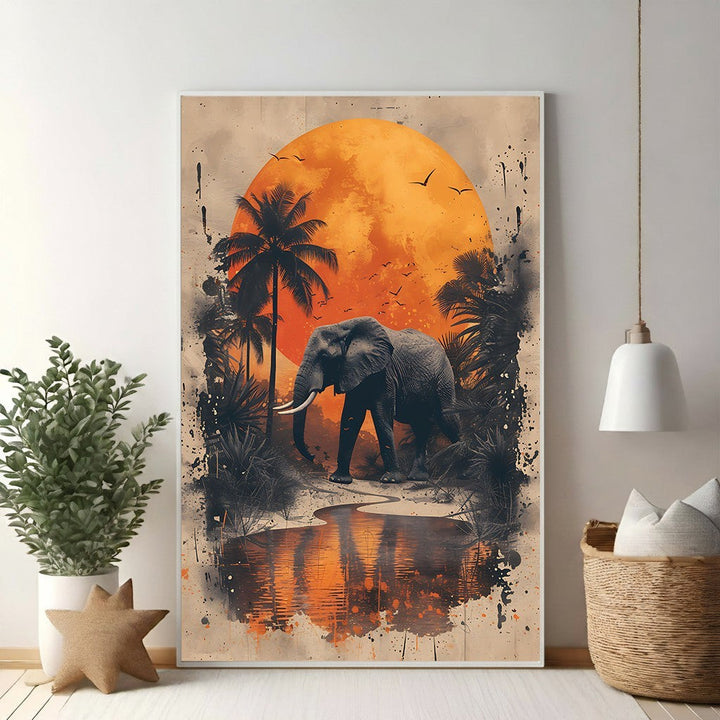 Wadi Home African elephant silhouetted against a vibrant orange sunset in a jungle setting with palm trees and water reflection.