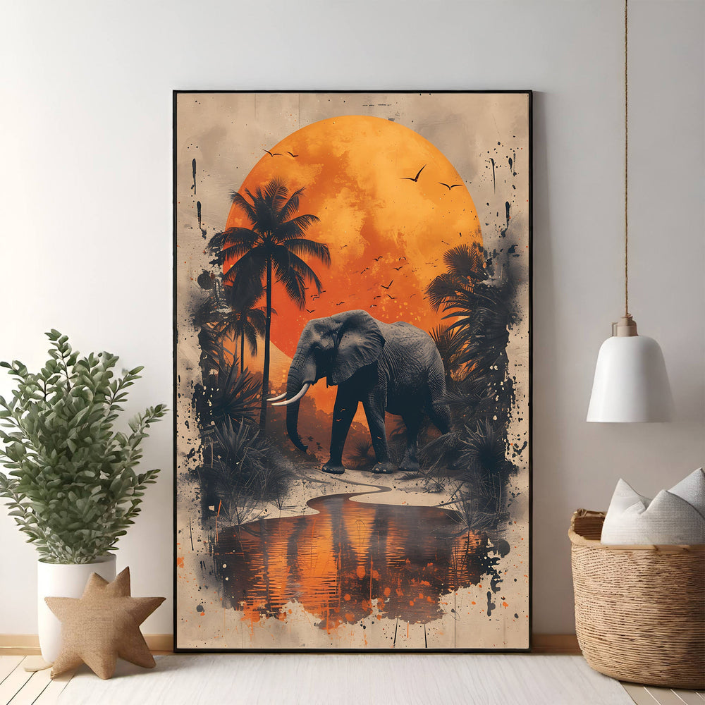Wadi Home African Elephant Sunset Jungle Wall Art featuring a majestic elephant silhouetted against a vibrant orange sunset with palm trees and jungle foliage.