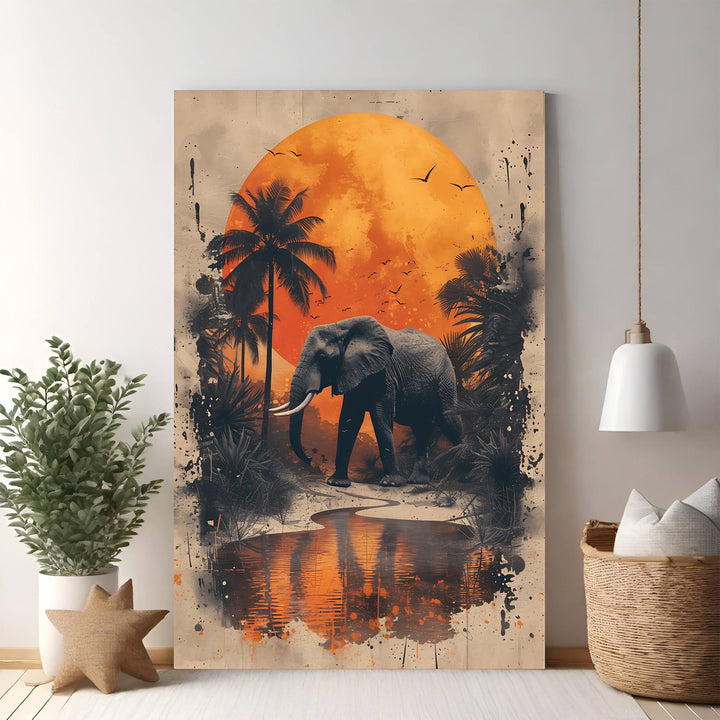 Wadi Home African Elephant Sunset Jungle Wall Art featuring a majestic elephant silhouetted against a vibrant orange sunset with palm trees.