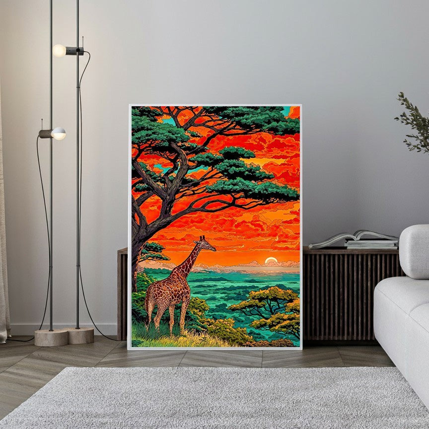 Wadi Home African Sunset Giraffe landscape wall art with vibrant orange sky and green savanna.