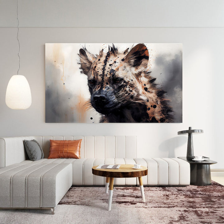 Wadi Home African Hyena Portrait Wall Art, painterly style with earthy tones and bold textures, dramatic composition.