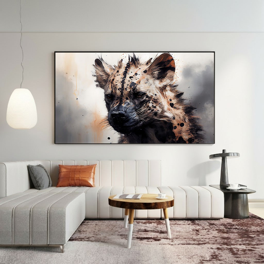 Wadi Home African Hyena Portrait Wall Art, painterly style with earthy tones and bold textures, dramatic composition.