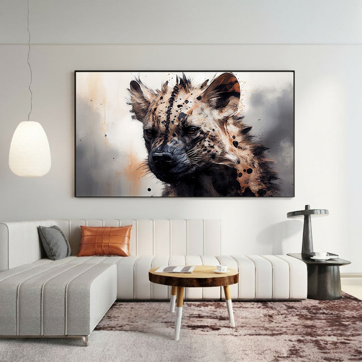 Wadi Home African Hyena Portrait Wall Art, painterly style with earthy tones and bold textures, dramatic composition.