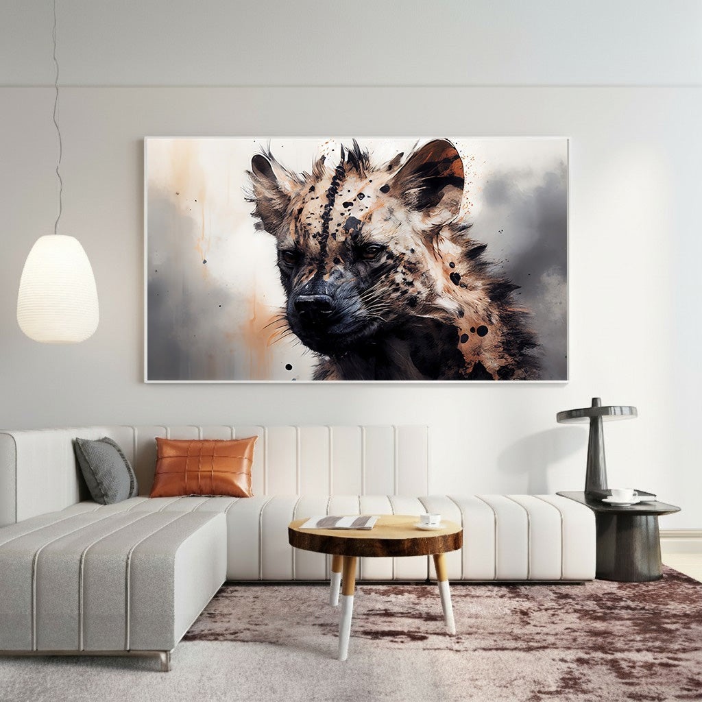 Wadi Home African Hyena Portrait Wall Art, painterly style, earthy tones, dynamic textures, dramatic composition.