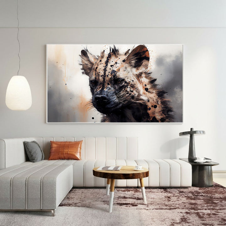 Wadi Home African Hyena Portrait Wall Art, painterly style, earthy tones, dynamic textures, dramatic composition.