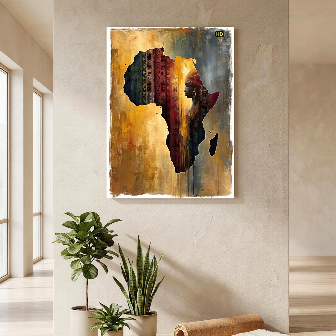 Wadi Home African continent silhouette wall art with portrait of a woman, textured earth tones, and traditional patterns.