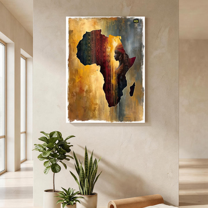 Wadi Home African continent silhouette wall art with portrait of a woman, textured earth tones, and traditional patterns.