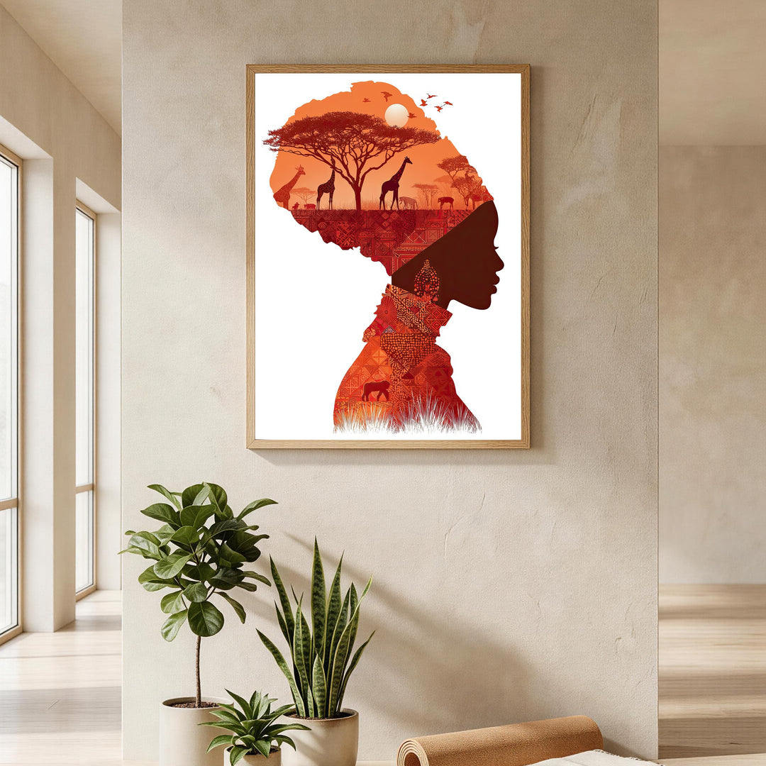 Wadi Home African Silhouette Landscape Wall Art featuring a woman's profile filled with savanna animals and sunset.