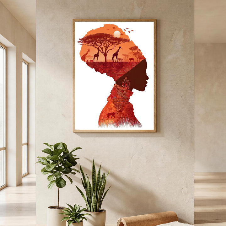 Wadi Home African Silhouette Landscape Wall Art featuring a woman's profile filled with savanna animals and sunset.