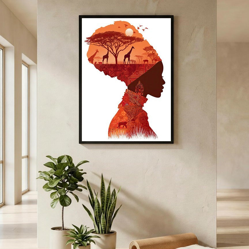 Wadi Home African silhouette wall art with woman's profile filled with savanna sunset, giraffes, zebras, and trees.