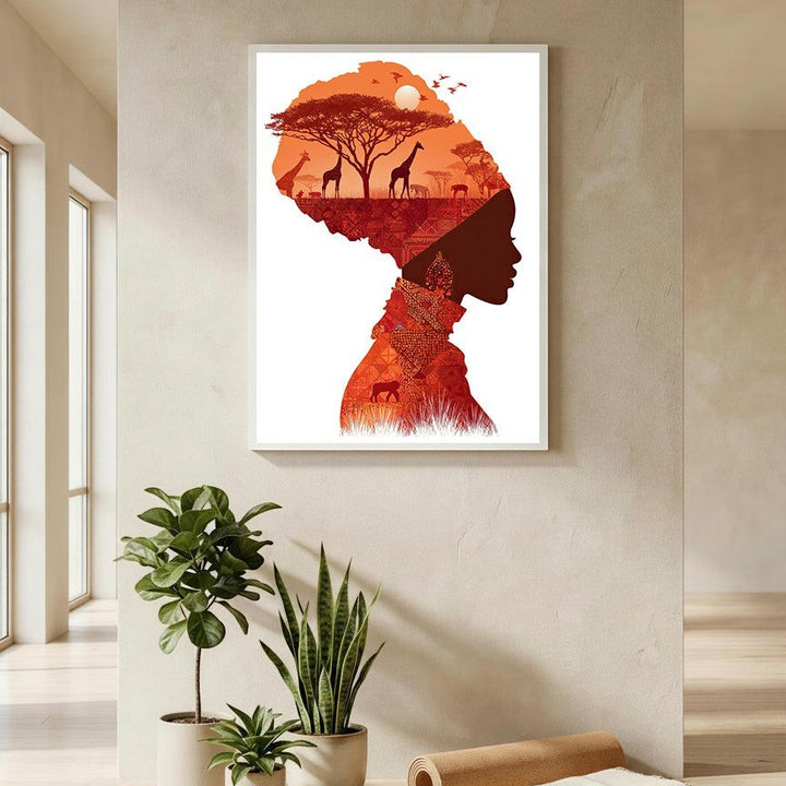 Wadi Home African silhouette wall art with sunset savanna scene, giraffes, zebras, and acacia trees.