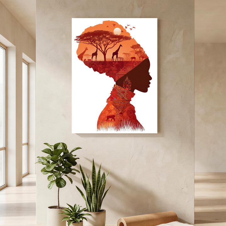 Wadi Home African silhouette wall art with savanna sunset scene, giraffes, zebras, acacia trees, and woman's profile.