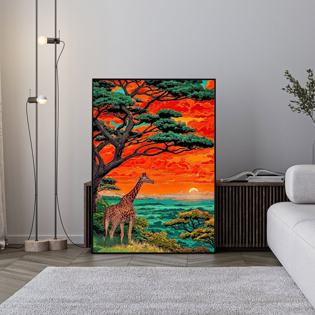 Wadi Home African Sunset Giraffe landscape wall art featuring a giraffe silhouetted against a vibrant orange and red sunset sky.