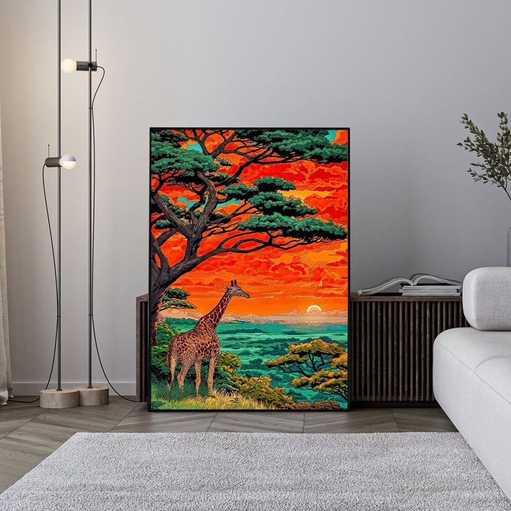 Wadi Home African Sunset Giraffe landscape wall art featuring a giraffe silhouetted against a vibrant orange and red sunset sky.