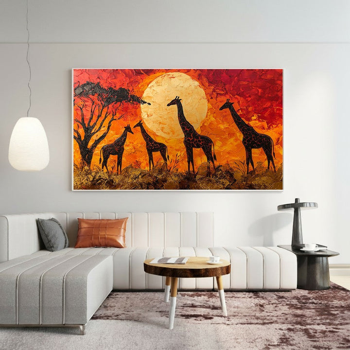 Wadi Home African Sunset Giraffe textured painting with vibrant reds, oranges, and yellows. Features giraffes silhouetted against a large sun.