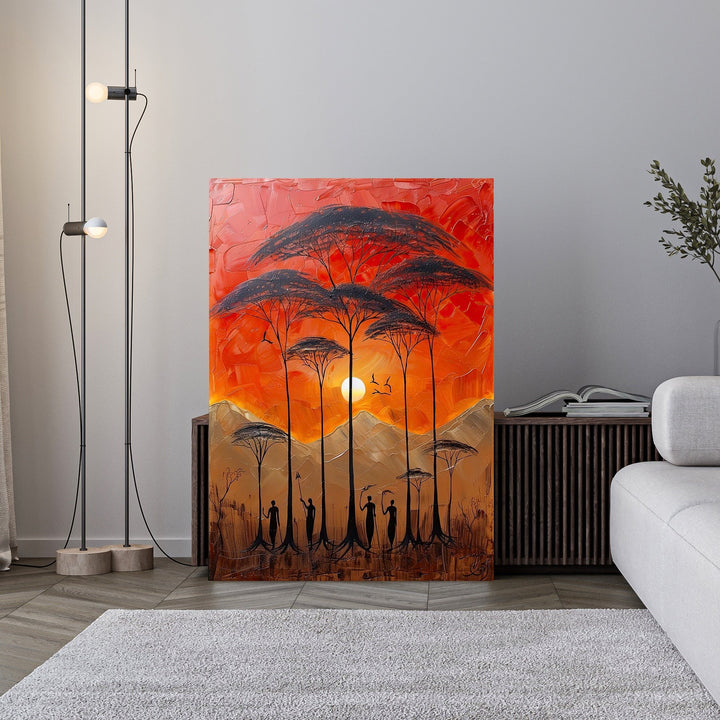Wadi Home African Sunset painting with impasto texture, featuring silhouetted acacia trees and figures against a fiery orange sky.