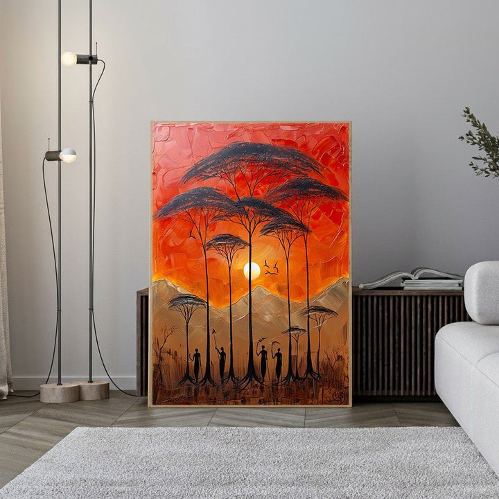Wadi Home African sunset landscape painting with impasto texture, silhouetted acacia trees, and figures against a fiery orange sky.