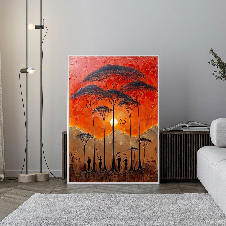 Wadi Home African savanna landscape painting with silhouetted acacia trees and figures against a fiery orange sunset. Textured impasto acrylic art.